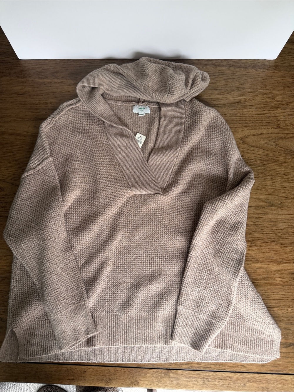 Aerie Cozy Hooded Knit Sweater in Taupe